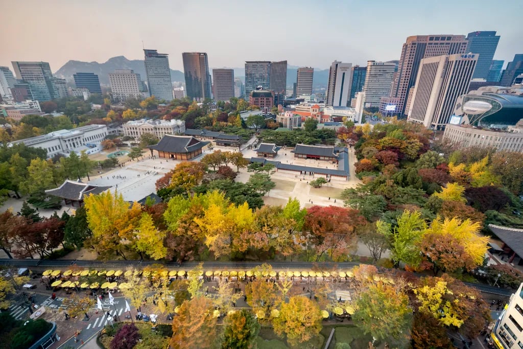 Seoul, South Korea travel destination - scenic view of Sunrise at Gyeongbokgung Palace during ideal visiting season