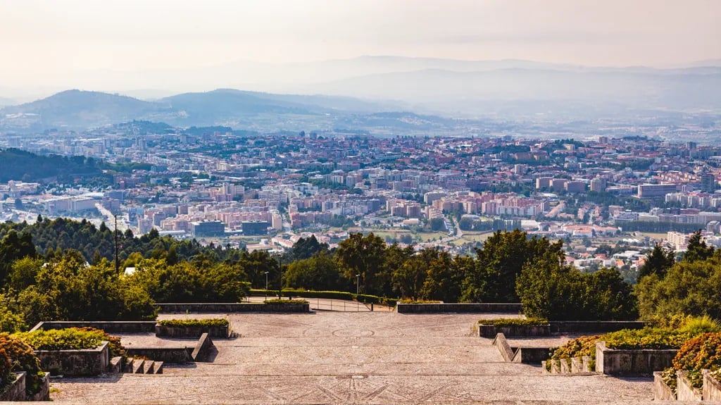 Braga, Portugal travel destination - scenic view of Sanctuary of Bom Jesus do Monte at Dawn during ideal visiting season