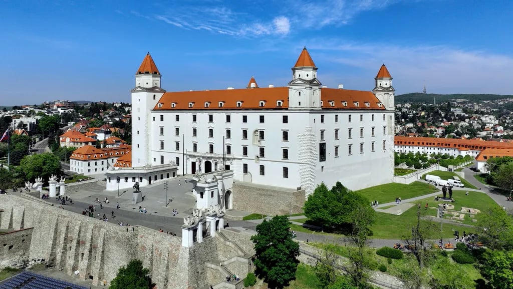 Bratislava Castle, Slovakia travel destination - scenic view of Sunrise Over the Danube from Bratislava Castle during ideal visiting season