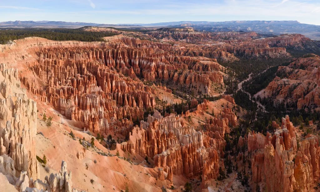 Bryce Canyon National Park, USA travel destination - scenic view of Sunrise Symphony at Sunrise Point during ideal visiting season