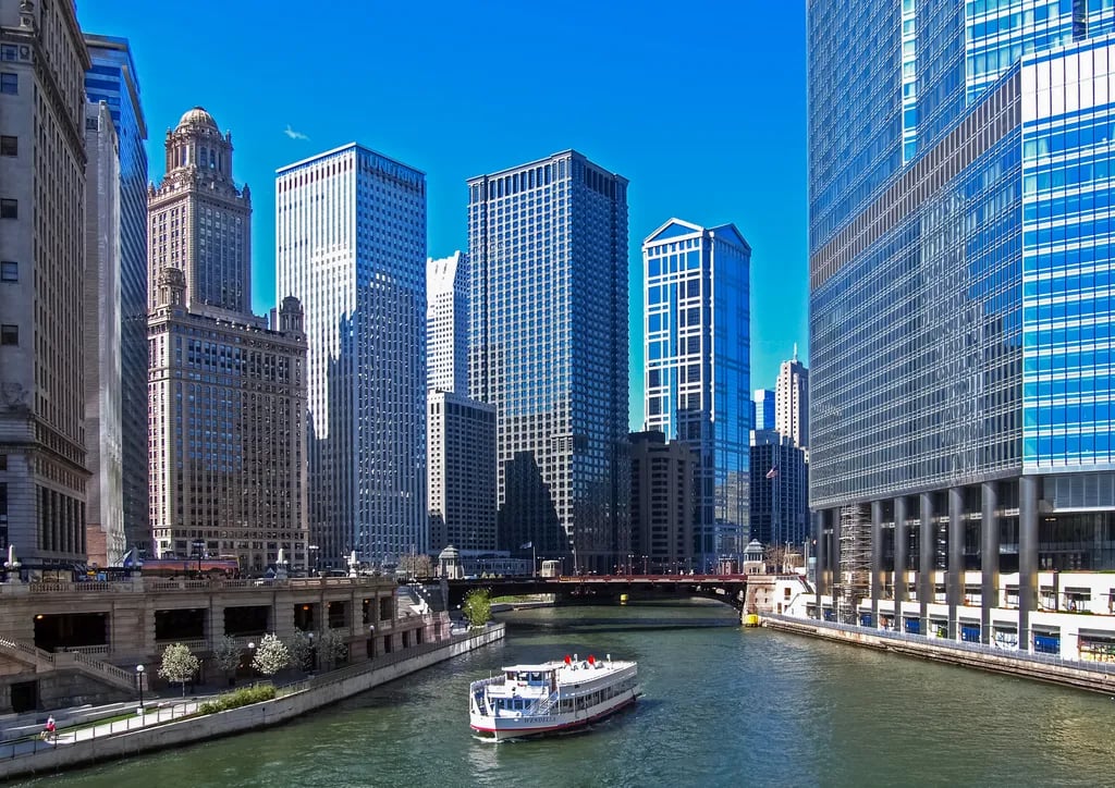 Chicago, USA travel destination - scenic view of Architectural River Cruise at Sunset during ideal visiting season