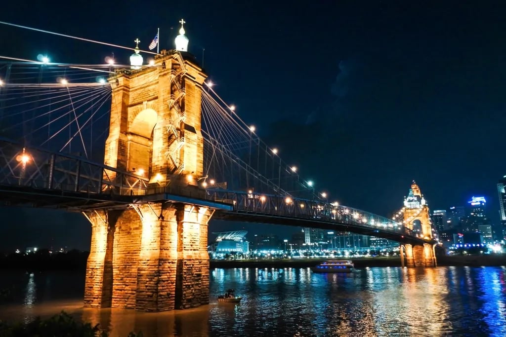Cincinnati, Ohio, USA travel destination - scenic view of Sunrise Over the Roebling Suspension Bridge during ideal visiting season