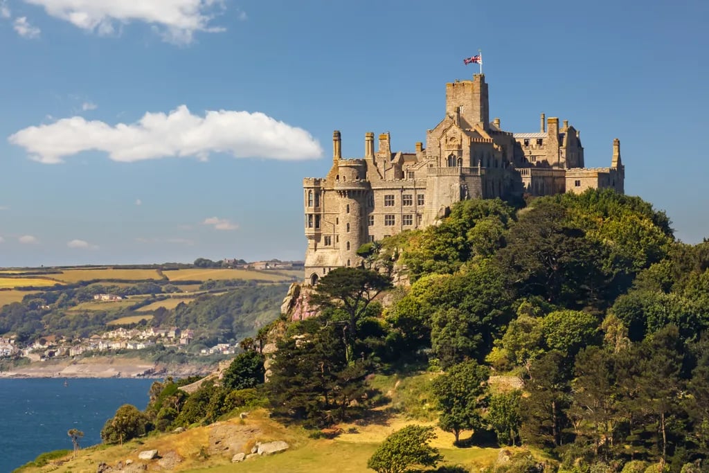 Cornwall, England travel destination - scenic view of Sunrise Serenity at St. Michael's Mount during ideal visiting season