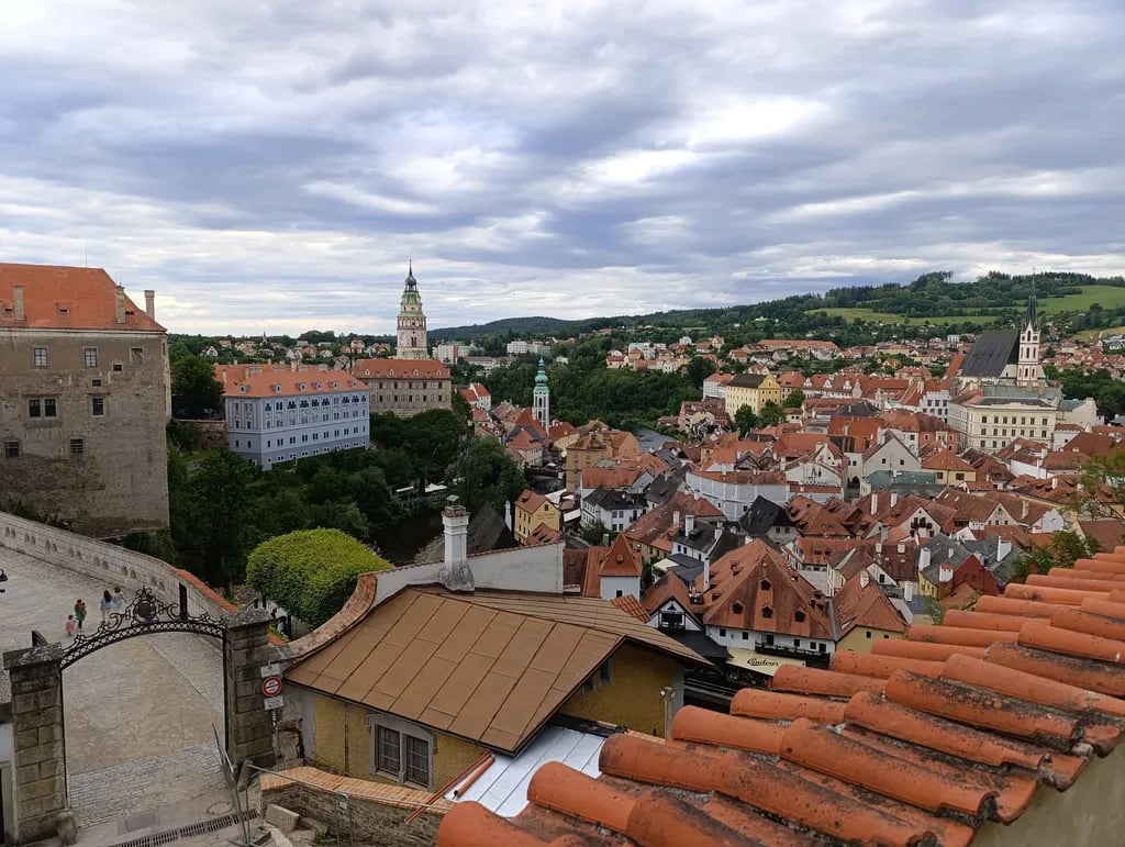 Český Krumlov, Czech Republic travel destination - scenic view of Sunrise Over Český Krumlov Castle during ideal visiting season
