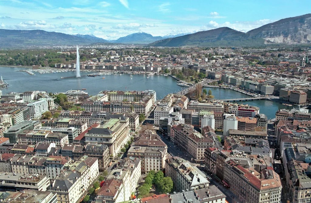 Geneva, Switzerland travel destination - scenic view of Jet d'Eau's Majestic Plume during ideal visiting season