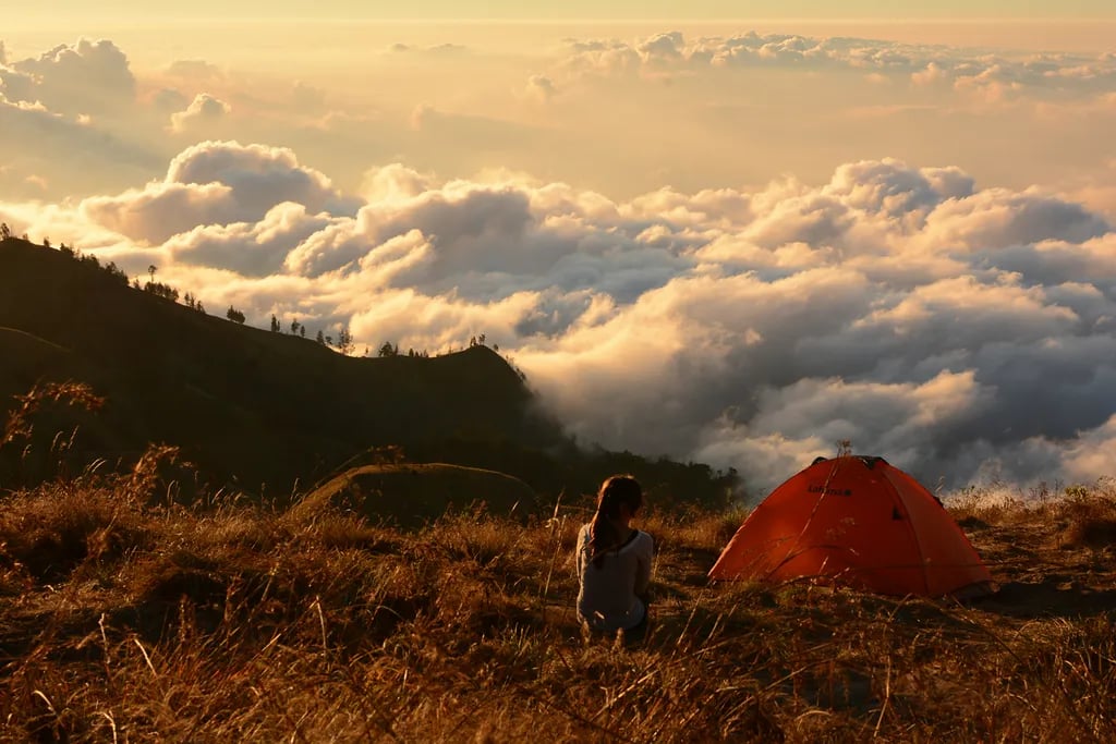 Lombok, Indonesia travel destination - scenic view of Sunrise Trek up Mount Rinjani during ideal visiting season