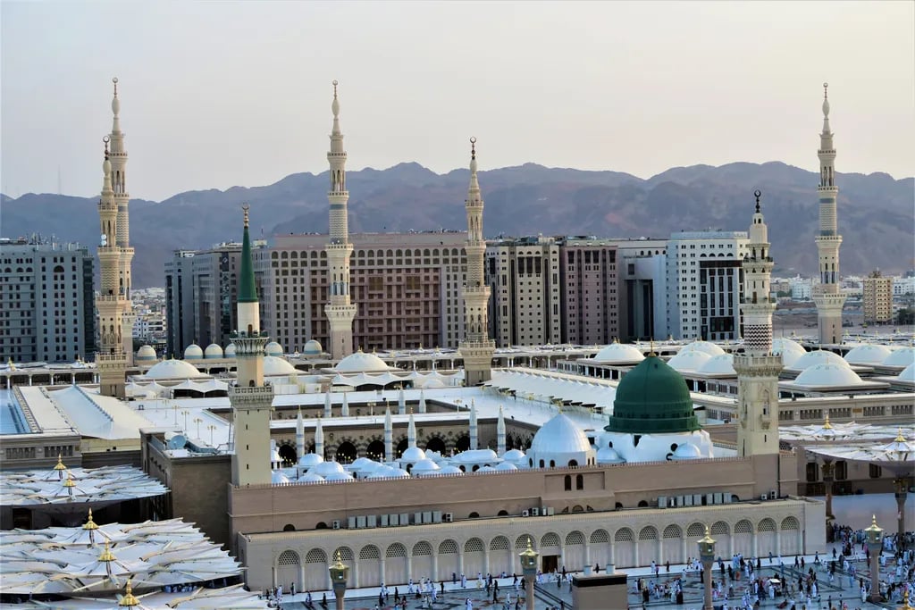 Medina, Saudi Arabia travel destination - scenic view of Sunrise Serenity at Al Masjid an Nabawi during ideal visiting season