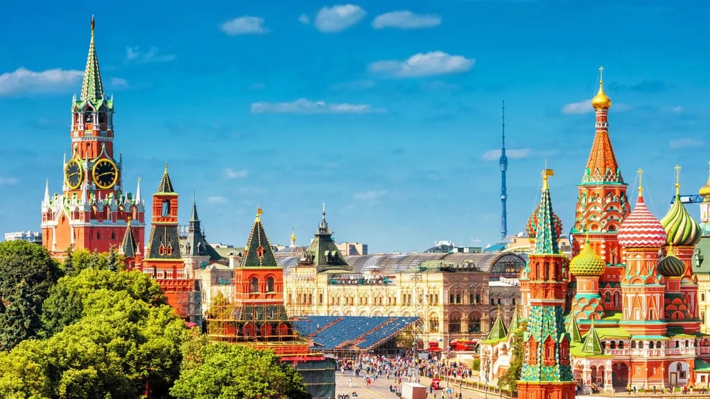 Moscow, Russia travel destination - scenic view of Sunrise over Red Square during ideal visiting season