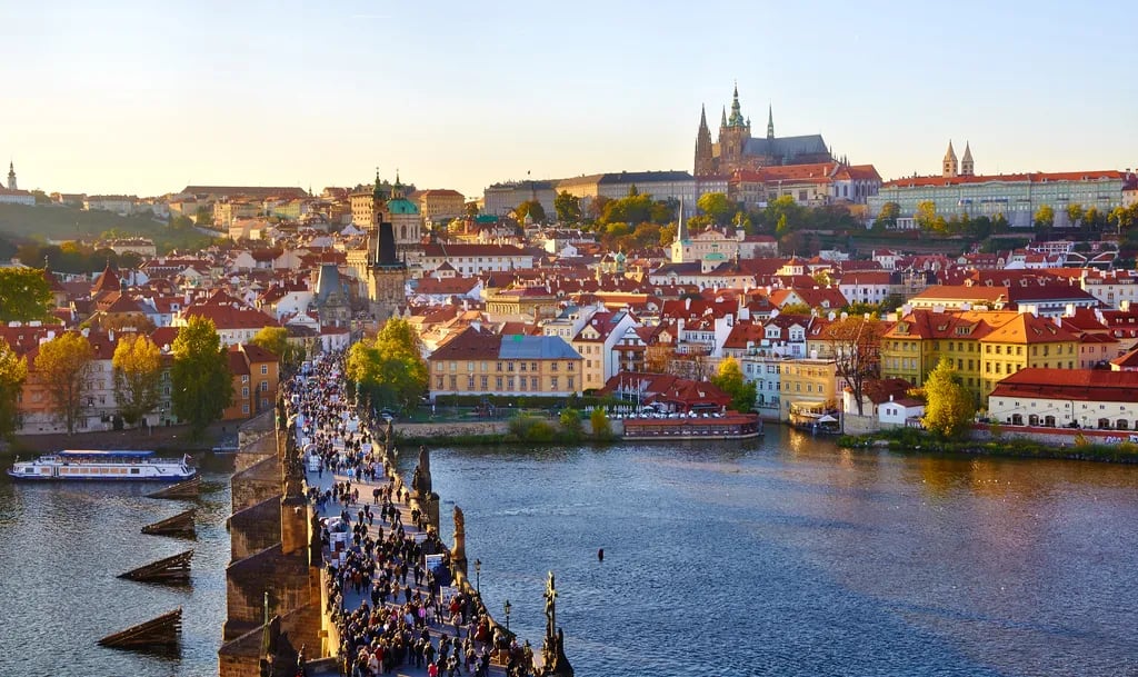 Prague, Czech Republic travel destination - scenic view of Sunrise Stroll Across Charles Bridge during ideal visiting season