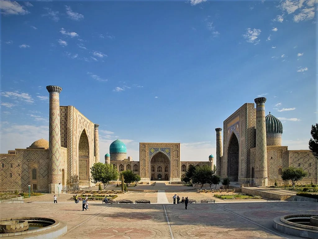 Samarkand, Uzbekistan travel destination - scenic view of Sunrise Over Registan Square during ideal visiting season