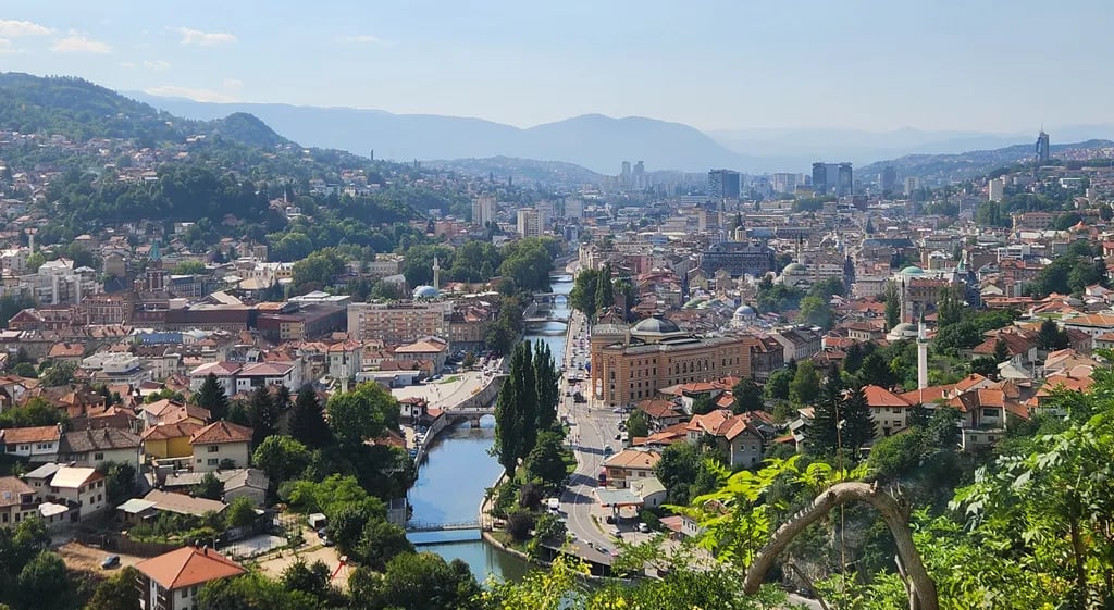 Sarajevo, Bosnia and Herzegovina travel destination - scenic view of top landmarks during ideal visiting season