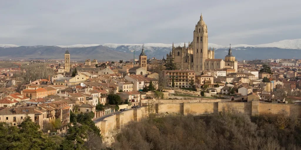 Segovia, Spain travel destination - scenic view of Aqueduct at Dawn or Dusk during ideal visiting season
