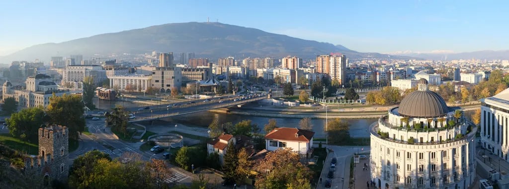 Skopje, North Macedonia travel destination - scenic view of Stone Bridge Serenity at Dawn during ideal visiting season