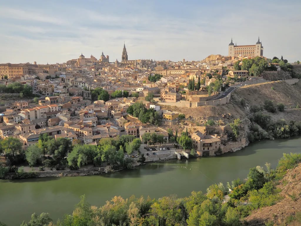 Toledo, Spain travel destination - scenic view of Sunrise Over the Tagus from Mirador del Valle during ideal visiting season